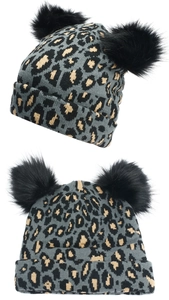 Detail view of thick leopard print knit beanie featuring dual faux fur black pom-poms