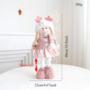 Pink Christmas plush girl doll with telescopic legs and size details for holiday decor