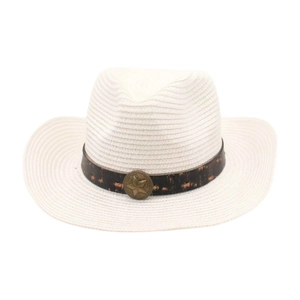 Chapeau de cowboy classique en paille blanche avec ruban marron et emblème étoile