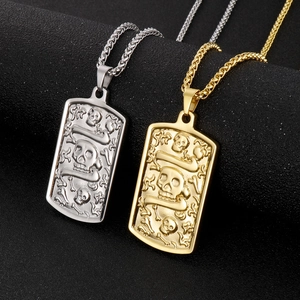 Skull and bones embossed rectangle pendant necklaces in silver and gold titanium steel