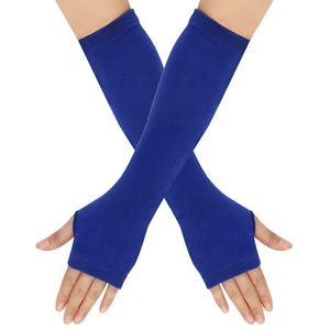 Close-up of blue knitted arm warmers with ribbed cuffs and fingerless design