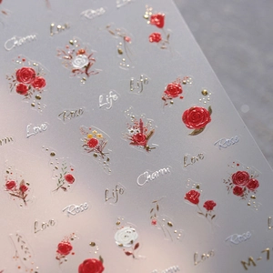 5D embossed rose nail stickers with gold accents and art lettering M-767 model