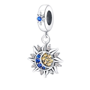 925 silver star and moon pendant charm with blue and yellow crystals for DIY jewelry