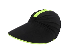 Detail showing the neon green trim on a black wide-brim sun visor for outdoor sports