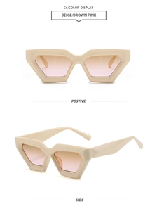 Detail of beige geometric cat eye sunglasses with brown pink gradient lenses