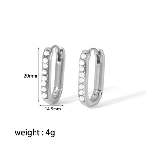 Detailed size view of silver U-shaped hoop earrings with inlaid white pearls