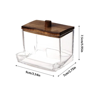 Dimensions détaillées de l'organisateur en plastique transparent avec couvercle en bois noir