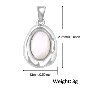 Detail of silver waterdrop pendant with white mother of pearl inlay and dimensions