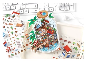 Detailed view of 2.5D miniature landscape stickers on a desk with a bottle design
