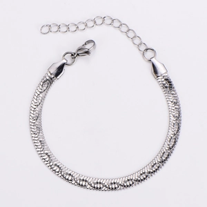 Detail of silver flat snake bone chain necklace with lobster clasp and extender