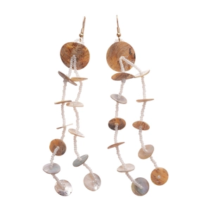 Bohemian drop earrings with natural round shells, white beads and long tassels hooks