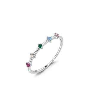 Minimalist S925 sterling silver ring featuring five colorful round cubic zirconia stones