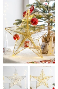 Dettaglio di stelle di Natale in filo di ferro con luci LED calde in oro e argento