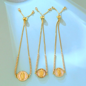 Adjustable Virgin Mary bracelets in gold finish with abalone and colorful zircon stones