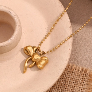 18K gold plated stainless steel bow pendant necklace with stylish ball chain for women