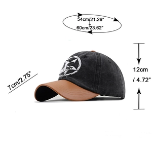 Vintage washed cotton baseball cap with pentagram embroidery and PU leather brim