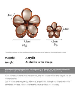 Size guide for amber flower hair claws with weight and dimensions in centimeters and grams