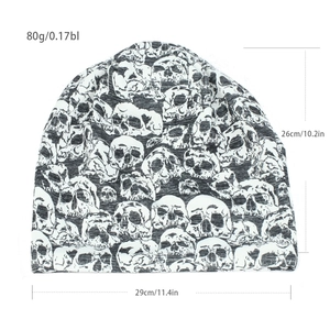 Detailed size chart for skull print knit beanie showing 26cm height and 29cm width