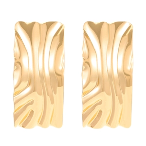 Detailed close-up of golden wavy texture rectangle hoop earrings with high-shine finish