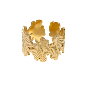 Polished gold stainless steel open ring with intricate hollowed-out leaf pattern design
