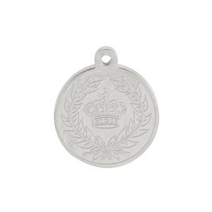Close-up of a silver stainless steel circular pendant with crown and laurel relief