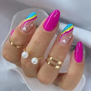Glossy Almond Press On Nails Pink Heart Rainbow Wave Artificial Finger Decoration For Women Party Fashion