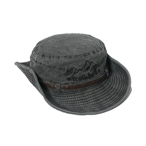 Chapeau de soleil en toile gris foncé délavé avec broderie Travellers et bords larges