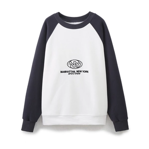 Women Raglan Sleeve Sweatshirt Crew Neck Color Block NY Manhattan Letter Embroidery Fleece Lined Casual Streetwear Top
