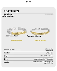 Detail specifications of two S925 sterling silver rings with lava texture and zircons