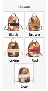 Detail view of mini backpacks featuring multi-textured patchwork and front zipper pocket