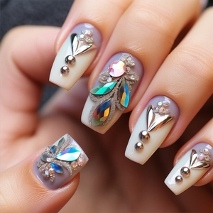 Close-up of elaborate nail art with purple gradient, rhinestones and colorful gemstones