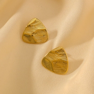 Polished 18K gold-plated titanium steel triangular earrings with leaf texture on satin