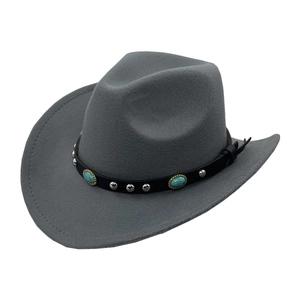 Detail of dark grey felt cowboy hat with leather band and turquoise stone studs