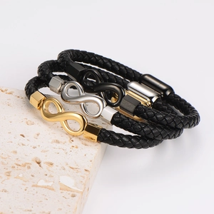 Three-color woven leather infinity bracelets with gold silver and black metal magnetic clasps
