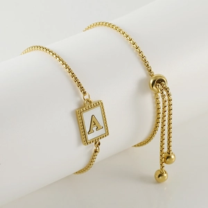 Gold stainless steel adjustable box chain bracelet with initial A shell square pendant