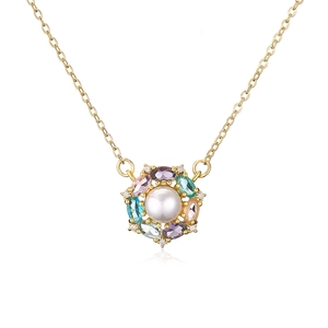 Gold plated butterfly necklace with white pearl and multicolored zircon stones pendant