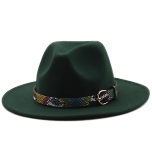 Dark green wide brim fedora hat with a colorful snakeskin leather band and buckle