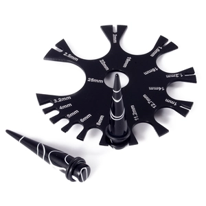 Black acrylic ear gauge wheel and taper measuring tool kit with precise metric sizes