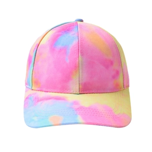 Classic tie-dye baseball cap featuring vibrant pink yellow and blue patterns on white background
