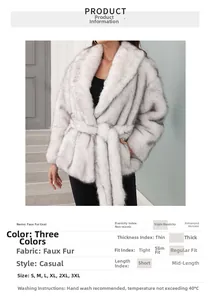 Detail of light grey faux fur coat showing thick texture and belted closure style