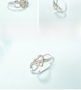 Macro detail of S925 sterling silver infinity heart ring with sparkling pave crystals