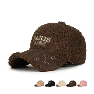 Women Lamb Wool Baseball Cap Winter Warm Teddy Fleece Paris Embroidery Rhinestone Brim Adjustable Fashion Casual Hat