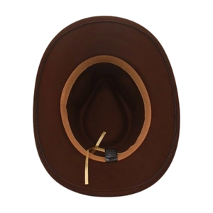 Internal view of brown fedora showing 65% polyester 35% cotton label and sweatband