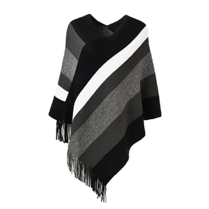 Women's Striped Knitted Poncho Cape Pullover V-Neck Shawl With Tassels Bohemian Color Block Batwing Sleeve Outerwear
