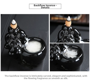 Detail of white smoke flowing down black ceramic backflow incense burner structure