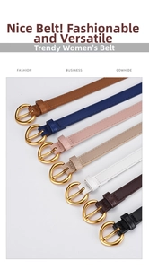Close-up of thin cowhide leather belts with round gold buckles in seven various colors