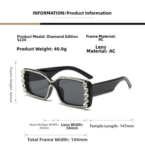 Detailed dimension chart showing square oversized rhinestone sunglasses frame measurements