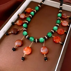 Vintage Beaded Tassel Necklace For Women With Resin And Copper Glass Beads Ethnical Bohemian Style Clavicle Chain