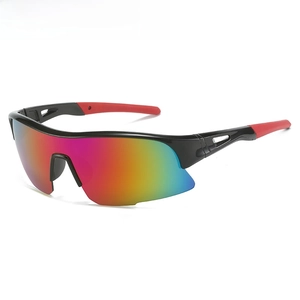 Close-up of sporty wraparound sunglasses with vibrant colorful gradient coating lenses