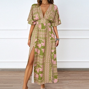 Vestito Maxi Stampato Scollo A V Poliestere Maniche Corte Vita Alta Spacco Bohemian Estate Vacanze Festa Spiaggia Donne